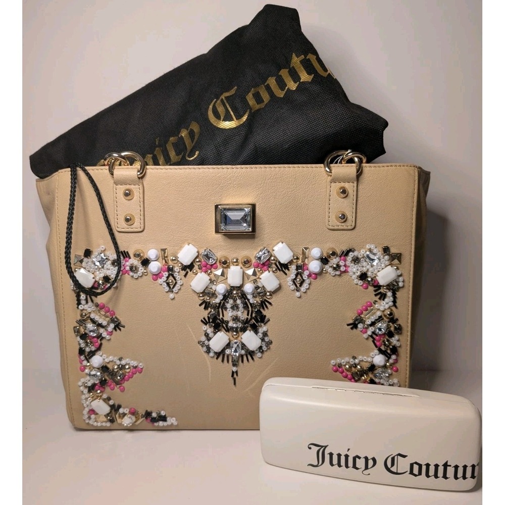 Juicy Couture Freya Genuine Leather Satchel Bejeweled Cream Gold NWT Dust Bag